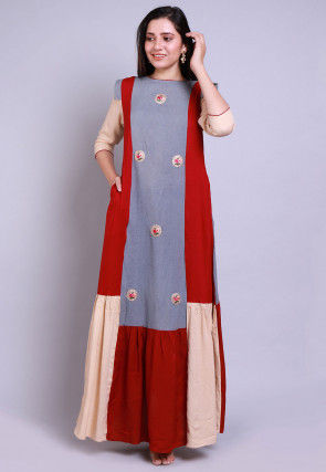 Embroidered Rayon Maxi Dress in Multicolor