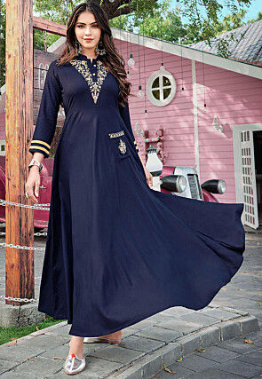 Embroidered Rayon Maxi Dress in Navy Blue