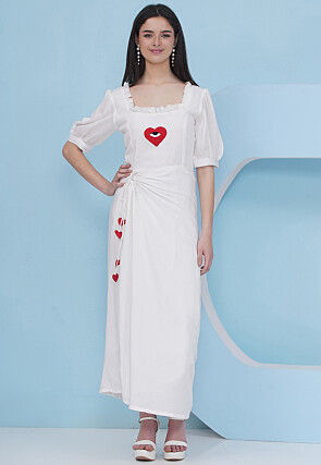 Embroidered Rayon Maxi Dress in Off White