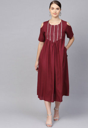 Embroidered Rayon Midi Dress in Maroon
