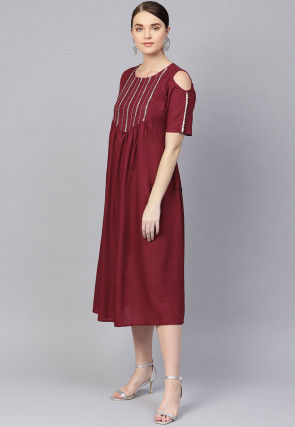 Embroidered Rayon Midi Dress in Maroon