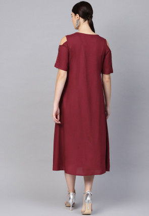 Embroidered Rayon Midi Dress in Maroon