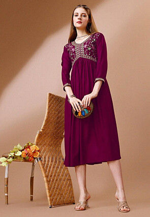 Embroidered Rayon Midi Dress in Purple