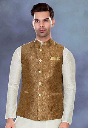 Embroidered Rayon Nehru Jacket in Beige