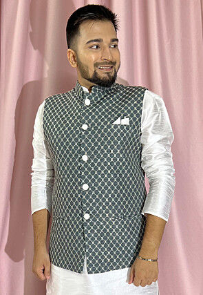 Embroidered Rayon Nehru Jacket in Green