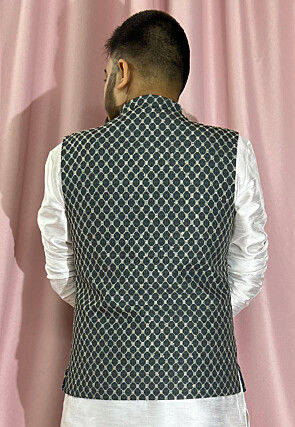 Embroidered Rayon Nehru Jacket in Green