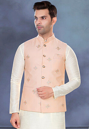 Embroidered Rayon Nehru Jacket in Peach