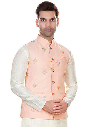 Embroidered Rayon Nehru Jacket in Peach