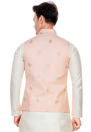 Embroidered Rayon Nehru Jacket in Peach