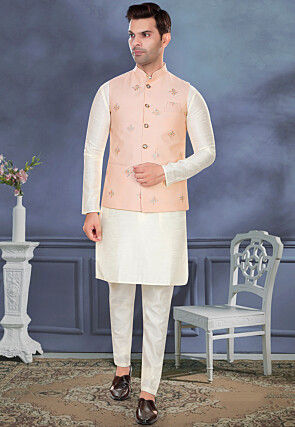 Embroidered Rayon Nehru Jacket in Peach