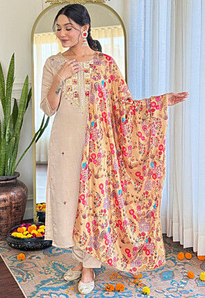 Embroidered Rayon Pakistani Suit in Beige