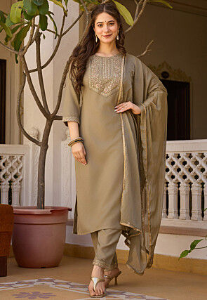 Embroidered Rayon Pakistani Suit in Beige