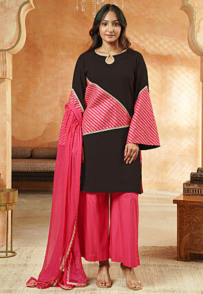 Embroidered Rayon Pakistani Suit in Black and Pink
