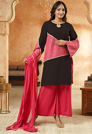 Embroidered Rayon Pakistani Suit in Black and Pink