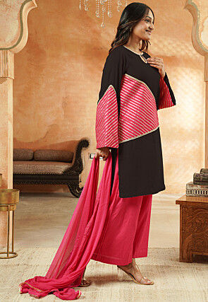 Embroidered Rayon Pakistani Suit in Black and Pink