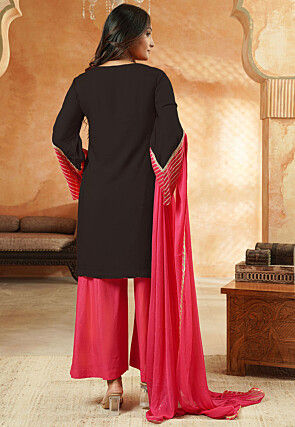 Embroidered Rayon Pakistani Suit in Black and Pink