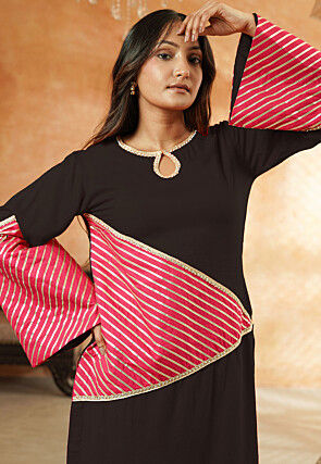 Embroidered Rayon Pakistani Suit in Black and Pink