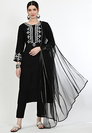 Embroidered Rayon Pakistani Suit in Black