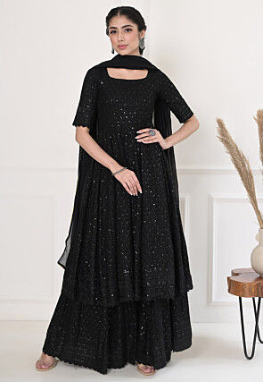 Embroidered Rayon Pakistani Suit in Black