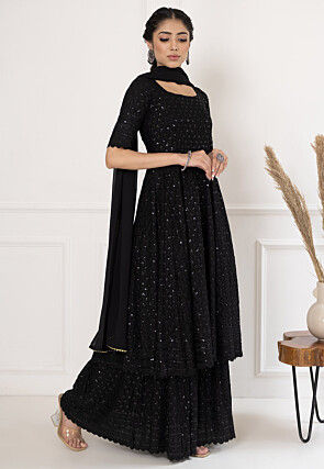 Embroidered Rayon Pakistani Suit in Black