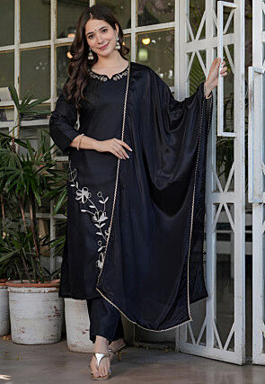 Embroidered Rayon Pakistani Suit in Black