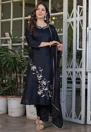 Embroidered Rayon Pakistani Suit in Black