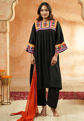 Embroidered Rayon Pakistani Suit in Black