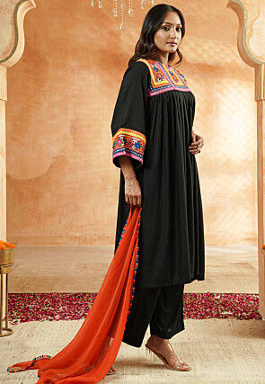 Embroidered Rayon Pakistani Suit in Black