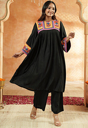 Embroidered Rayon Pakistani Suit in Black