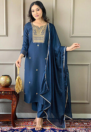 Embroidered Rayon Pakistani Suit in Blue