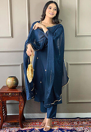 Embroidered Rayon Pakistani Suit in Blue