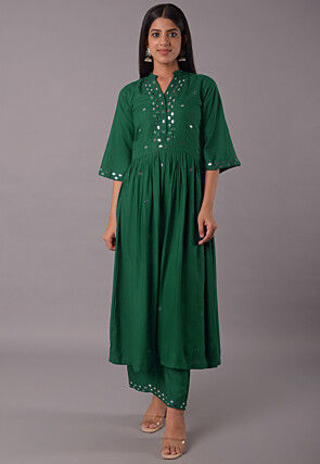 Embroidered Rayon Pakistani Suit in Dark Green