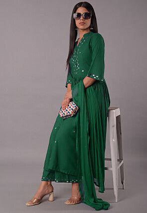Embroidered Rayon Pakistani Suit in Dark Green