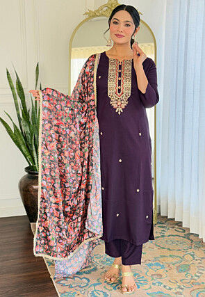Embroidered Rayon Pakistani Suit in Dark Purple
