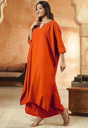 Embroidered Rayon Pakistani Suit in Dark Rust