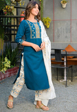 Embroidered Rayon Pakistani Suit in Dark Teal Blue