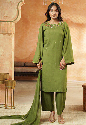 Embroidered Rayon Pakistani Suit in Dusty Green