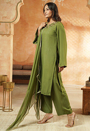 Embroidered Rayon Pakistani Suit in Dusty Green