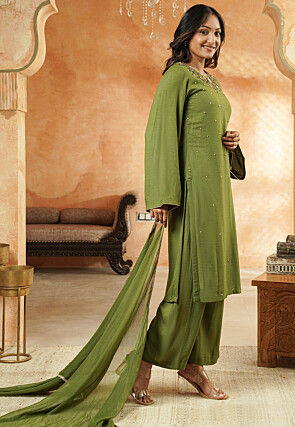 Embroidered Rayon Pakistani Suit in Dusty Green