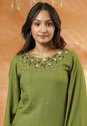 Embroidered Rayon Pakistani Suit in Dusty Green