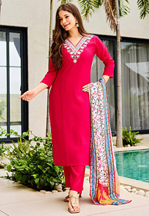 Embroidered Rayon Pakistani Suit in Fuchsia