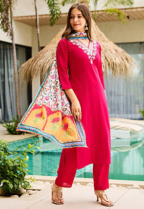 Embroidered Rayon Pakistani Suit in Fuchsia