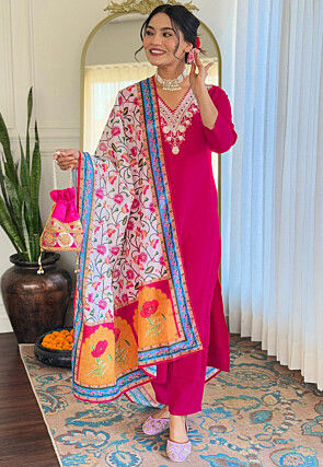 Embroidered Rayon Pakistani Suit in Fuchsia
