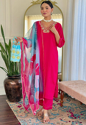 Embroidered Rayon Pakistani Suit in Fuchsia