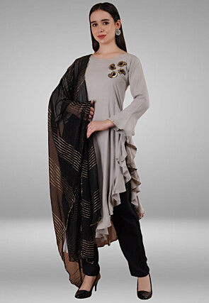 Embroidered Rayon Pakistani Suit in Grey