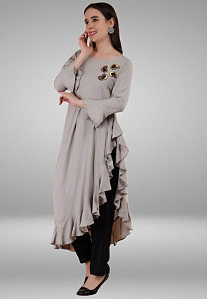 Embroidered Rayon Pakistani Suit in Grey