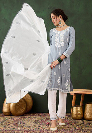 Embroidered Rayon Pakistani Suit in Grey
