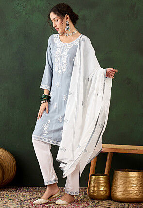 Embroidered Rayon Pakistani Suit in Grey