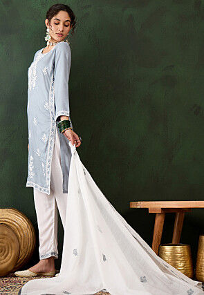 Embroidered Rayon Pakistani Suit in Grey