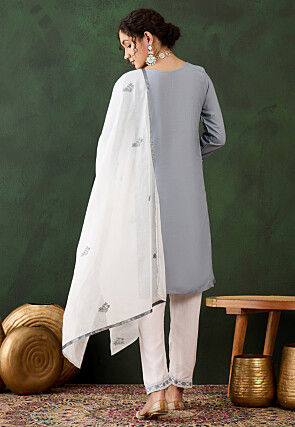 Embroidered Rayon Pakistani Suit in Grey